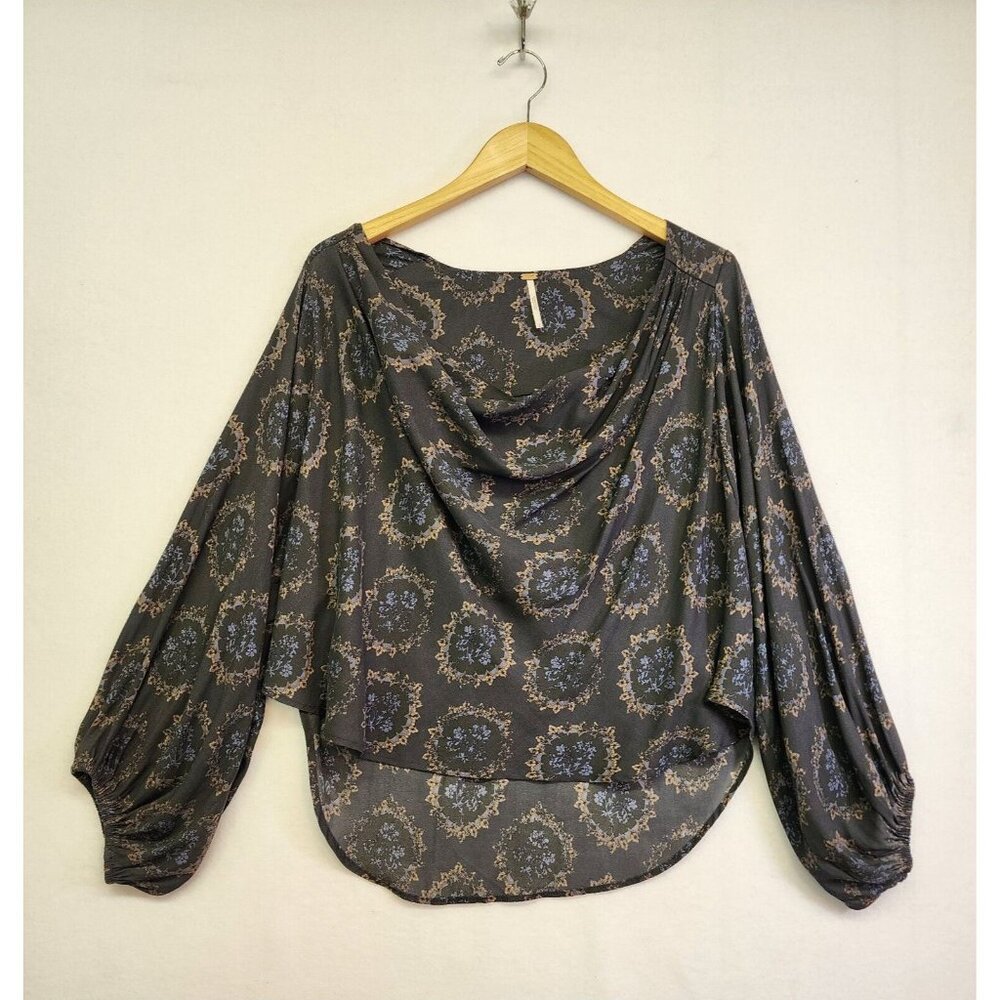 Free People Cowl Neck Blouse Top Loose Fit Long Sleeve Floral Gray Size Small